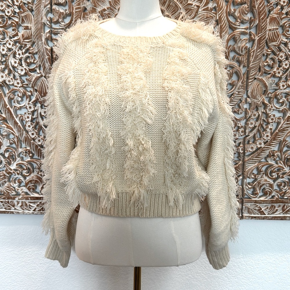 Fashion Nova Crew Neck Cream Knit w/ Fringe Sweater- size M - Picture 1 of 11